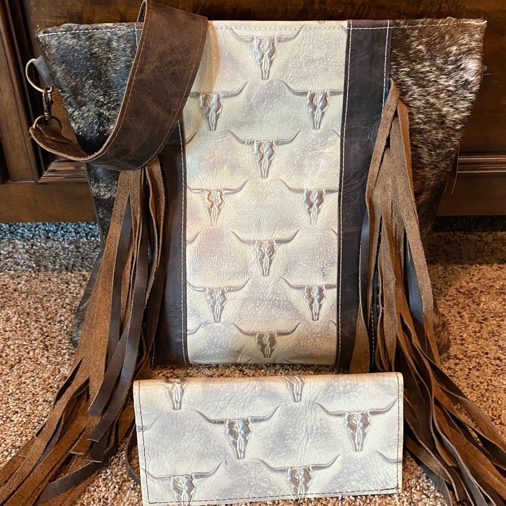 TTT leather handcrafted silver metallic bull leather inlay on hide front fringe